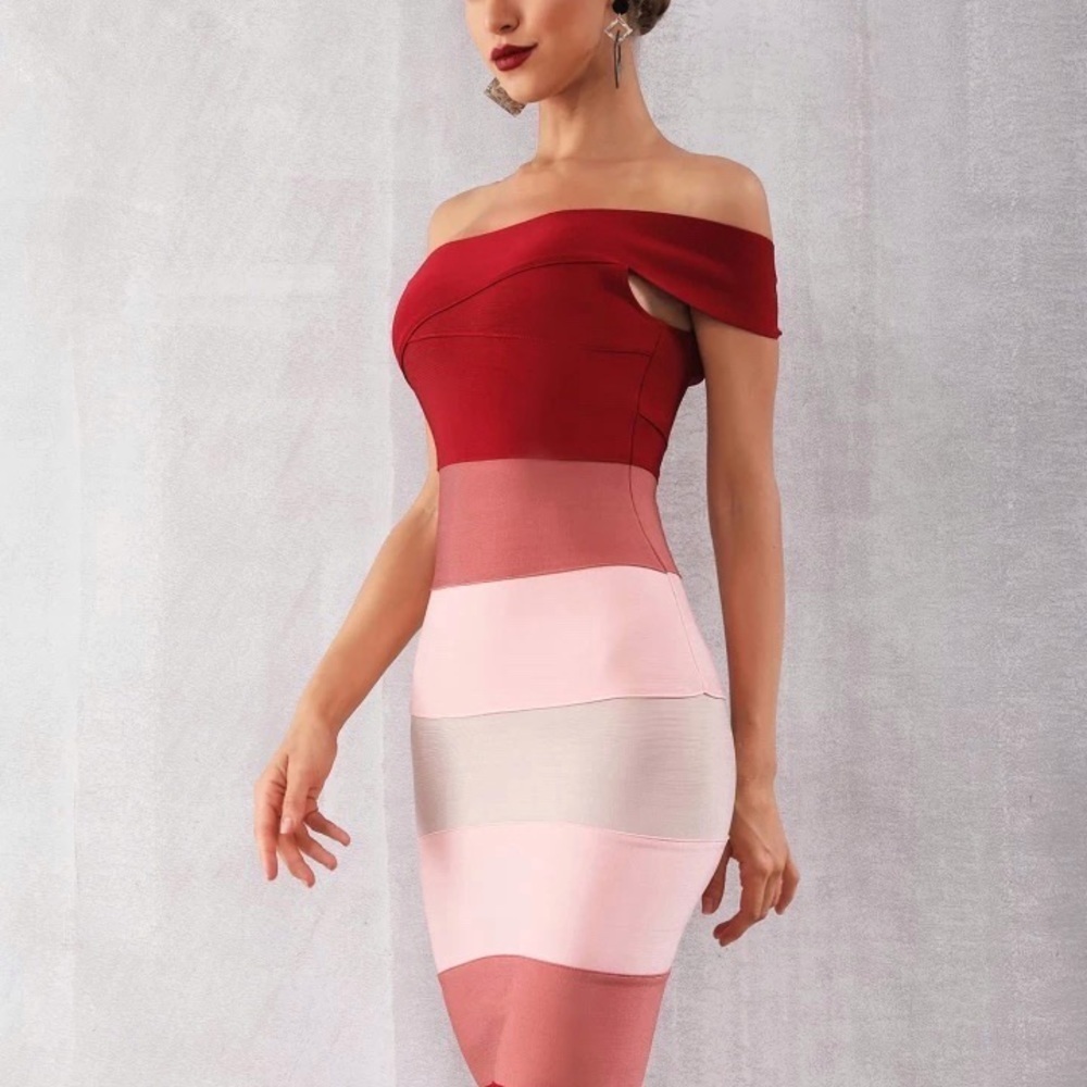 One Shoulder Bandage Dress with horizontal stripes bodycon M - Picture 5 of 7